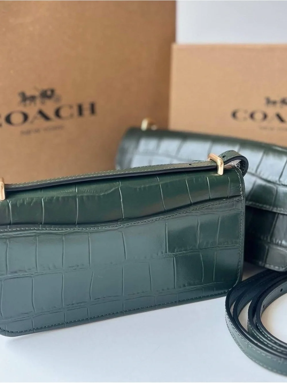 Coach Green Croc-Embossed Leather Crossbody with Gold Hardware
